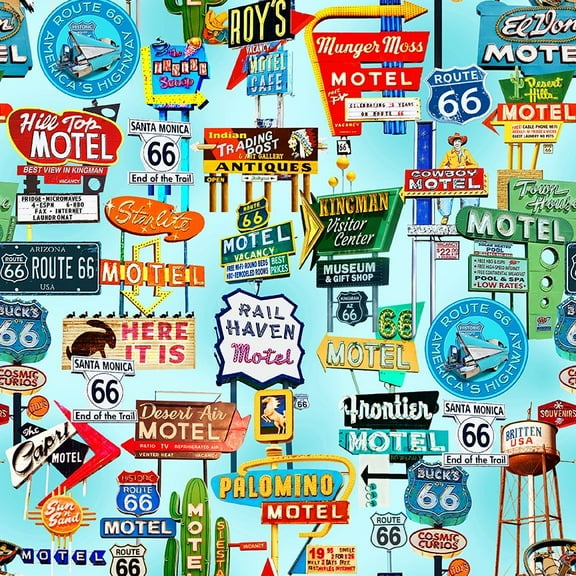 Cotton Michael Searle Signs Route 66 Motel Travel Transportation Blue Timeless Treasures Cotton Fabric Print by the Yard (MICHAEL-CD3059-BLUE)