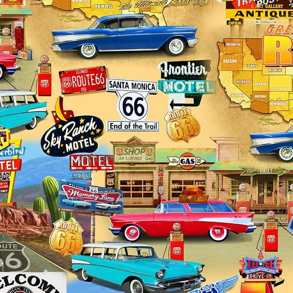 Cotton Michael Searle Signs Route 66 Travel Transportation Maps Yellow Timeless Treasures Cotton Fabric Print by the Yard (MICHAEL-CD3058-MULTI)