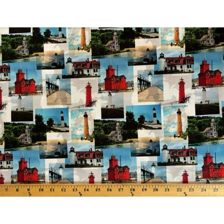 Cotton Michigan Lighthouses Lakes Nautical Beach Sea State of Michigan Cotton Fabric Print by the Yard (134335)