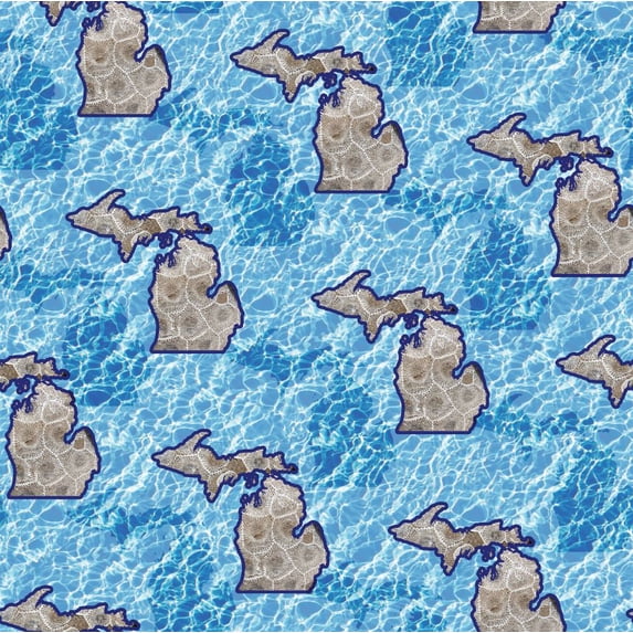 Cotton Michigan Stone Map Water Petoskey Stones Allover State of Michigan Cotton Fabric Print by the Yard (134508)