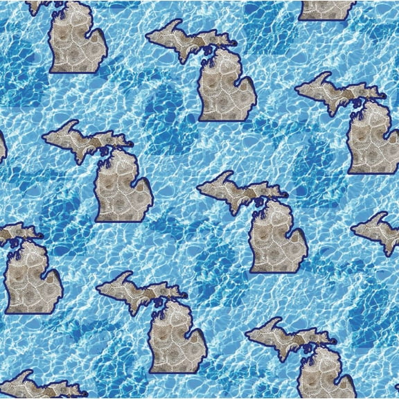 Cotton Michigan Stone Map Water Petoskey Stones Allover State of Michigan Cotton Fabric Print by the Yard (134508)