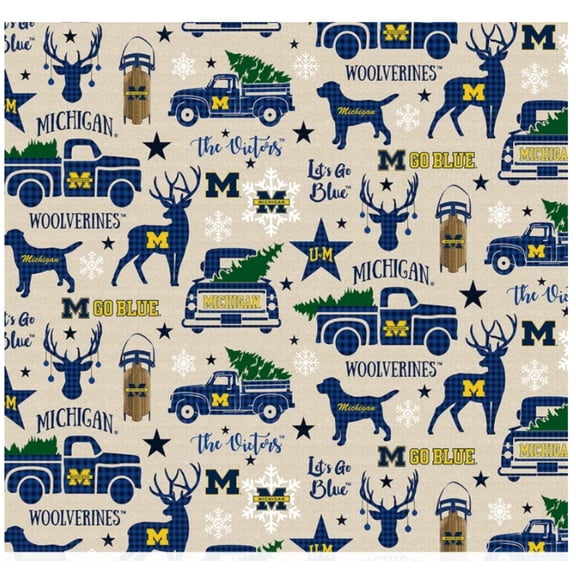 Cotton Michigan Wolverines University U of M NCAA Holiday Christmas Design 43 inches Wide 100% Cotton Fabric Sold by Yard (mchg1213)