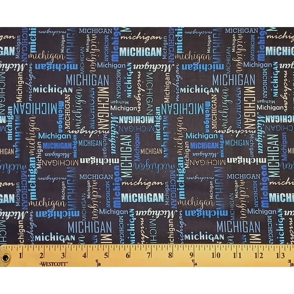 Cotton Michigan Words Allover Scripts Writings Fonts Navy State of Michigan Cotton Fabric Print by the Yard (136120)