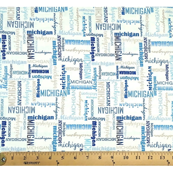 Cotton Michigan Words Allover Scripts Writings Fonts White State of Michigan Cotton Fabric Print by the Yard (136121)