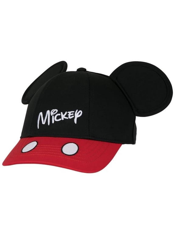 Cotton Mickey Mouse Signature Embroidered Youth Cap with 3D Ears, Black & Red