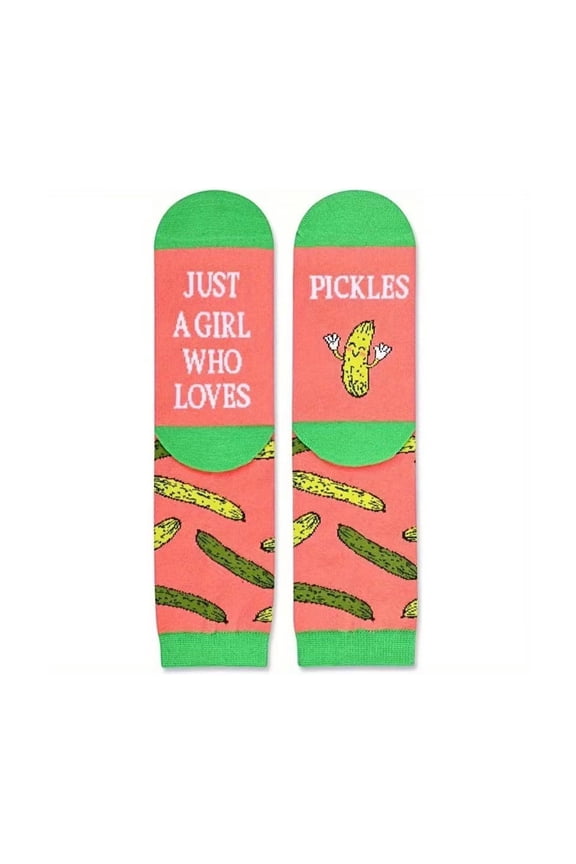 Women's Creative Funny Girl Who Love Pickles Letter Print Middle Calf Socks Gift Creative Pickles Cucumber Pattern Socks