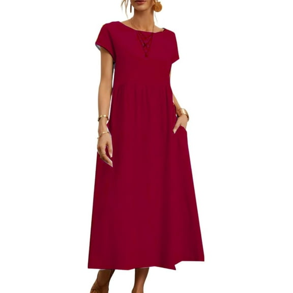Cotton Midi Dress for Womens Crew Neck Short Sleeve Casual Dress Loose Tunic Summer Beach Dresses with Pockets