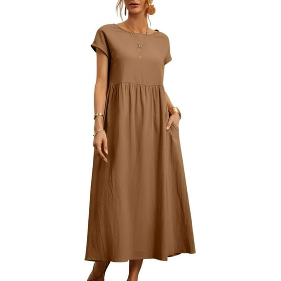 Cotton Midi Dress for Womens Crew Neck Short Sleeve Casual Dress Loose Tunic Summer Beach Dresses with Pockets