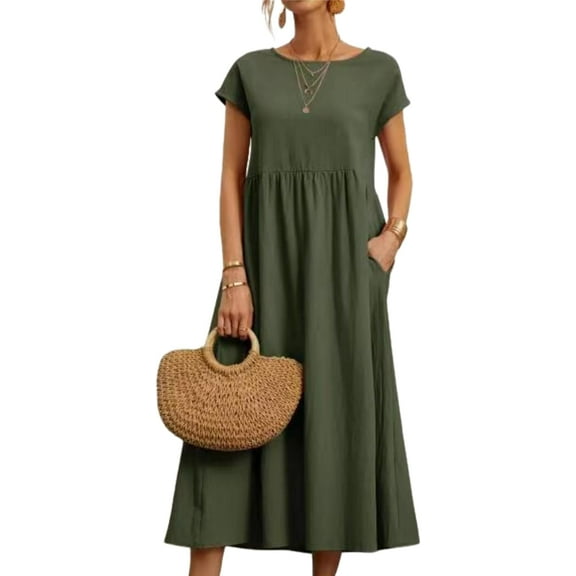 Cotton Midi Dress for Womens Crew Neck Short Sleeve Casual Dress Loose Tunic Summer Beach Dresses with Pockets