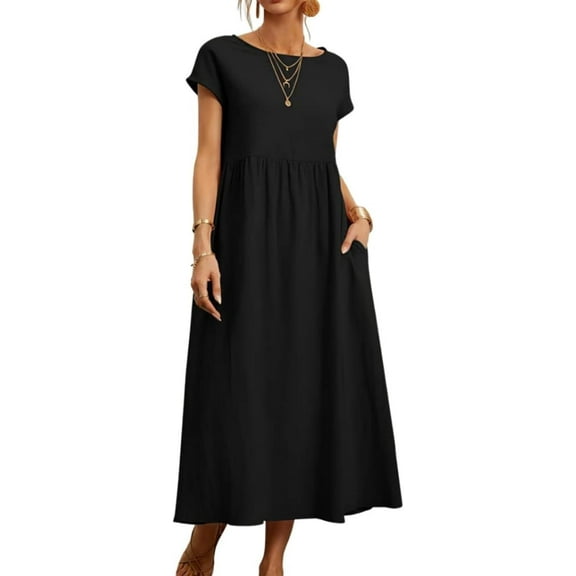 Cotton Midi Dress for Womens Crew Neck Short Sleeve Casual Dress Loose Tunic Summer Beach Dresses with Pockets