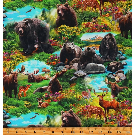 Cotton Moose Deer Fawns Does Bears Wilderness Animals Scenic Flowers Grass Foliage Sky Water Rocks Trees Multicolor Cotton Fabric Print by the Yard (A597371)