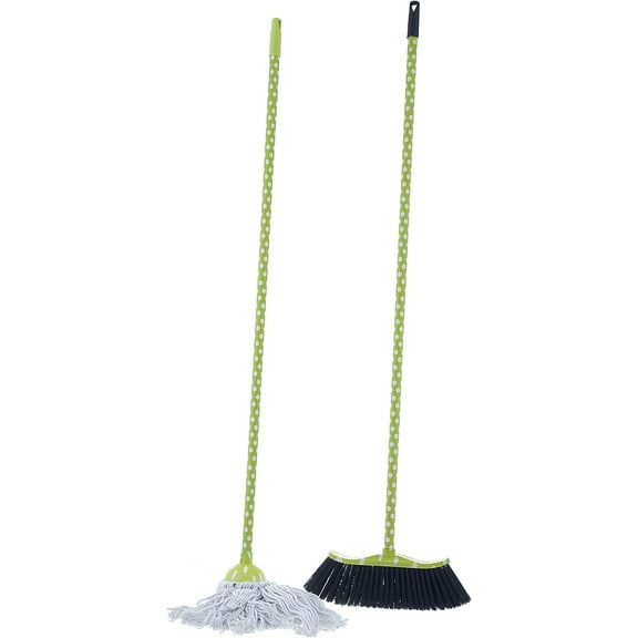 Cotton Mop and Broom Set, Light Green Polka Dot Print Design