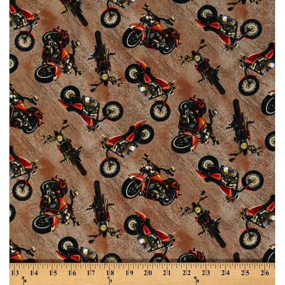 Cotton Motorcycles Bikes Bikers Transportation Live to Ride Brown Cotton Fabric Print by the Yard (2557-30)