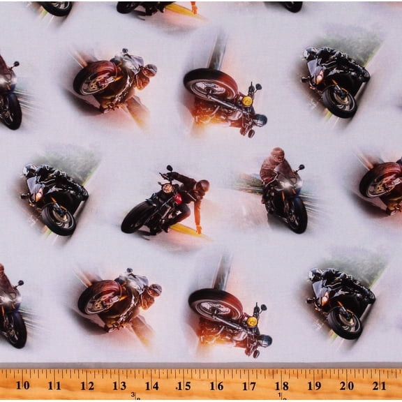 Cotton Motorcycles Dirt Bikes Motorbikes Bikers Racing Sports Dream Ride Blue Cotton Fabric Print by the Yard (630BLUE)