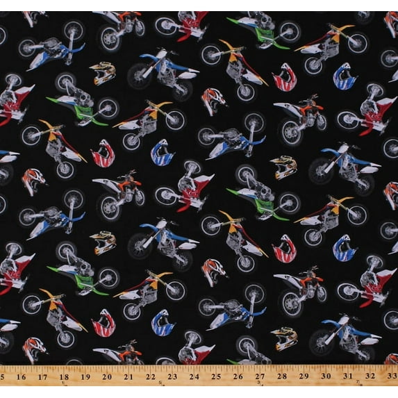 Cotton Motorcycles Motorbikes Motor Bikes Dirt Bikes Helmets Bikers Racing Vehicles Transportation In Motion Multi-Color Bikes on Black Cotton Fabric Print by the Yard (458-black)