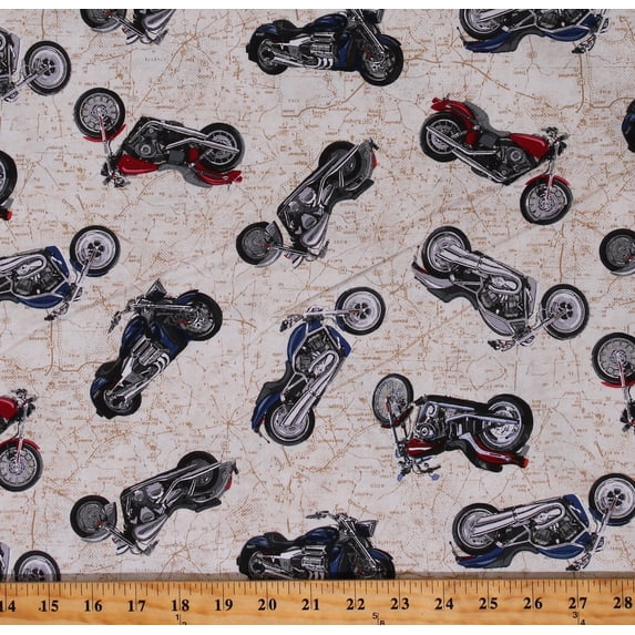 Cotton Motorcycles Transportation Travel Roads Antiques Cream Cotton Fabric Print by the Yard (FUN-C8794-NATURAL)