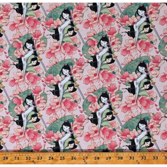 Cotton Mulan Floral Disney Princess China Chinese Asian Flowers Pink Cotton Fabric Print by the Yard (70028-C470710)