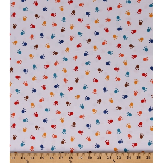Cotton Multicolored Paw Prints on White Dogs Puppies Puppy Pets Whiskers and Tails Cotton Fabric Print by the Yard (SRK-20419-195BRIGHT)