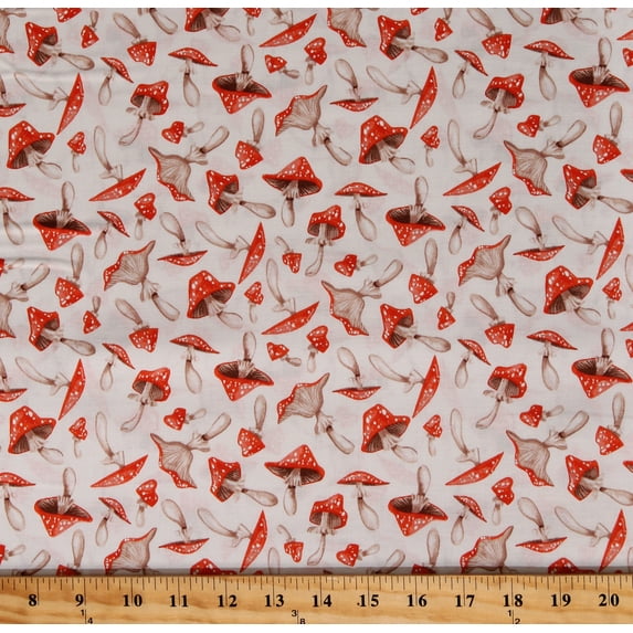 Cotton Mushrooms Woodland Forest Nature Fungi Cottagecore White Cotton Fabric Print by the Yard (STELLA-SRR1812-WHITE)