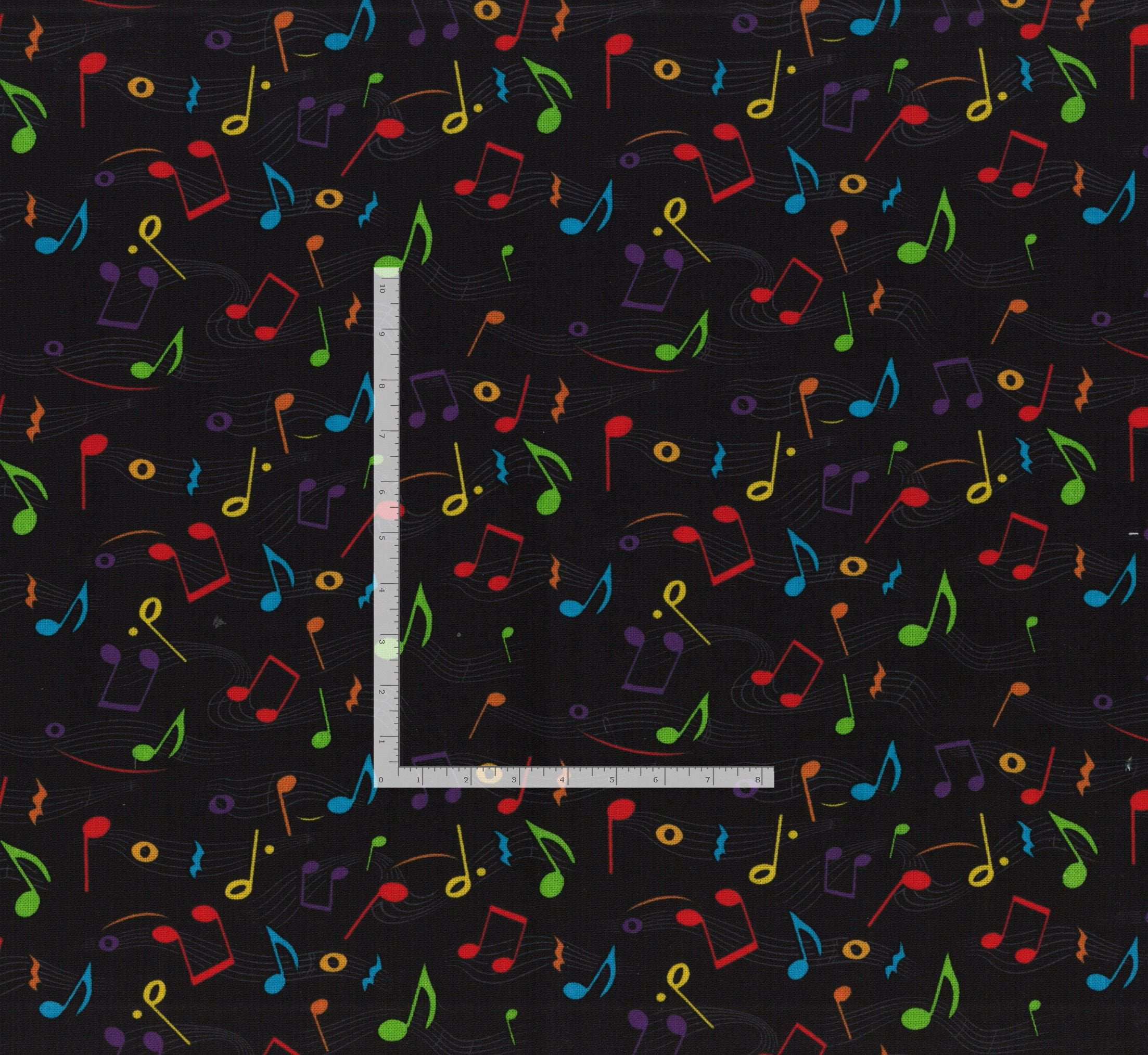 Cotton Musical Notes Colorful on Black Cotton Fabric Print by the Yard ...