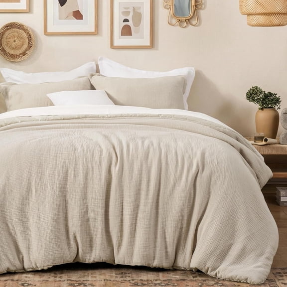 Cotton Muslin Comforter Set Queen Size, Soft Lightweight Breathable Cozy Skin-Friendly, 3PCS Linen Like Gauze Bedding with Pillow Shams, Aesthetics Home Decor & Giftable, Natural