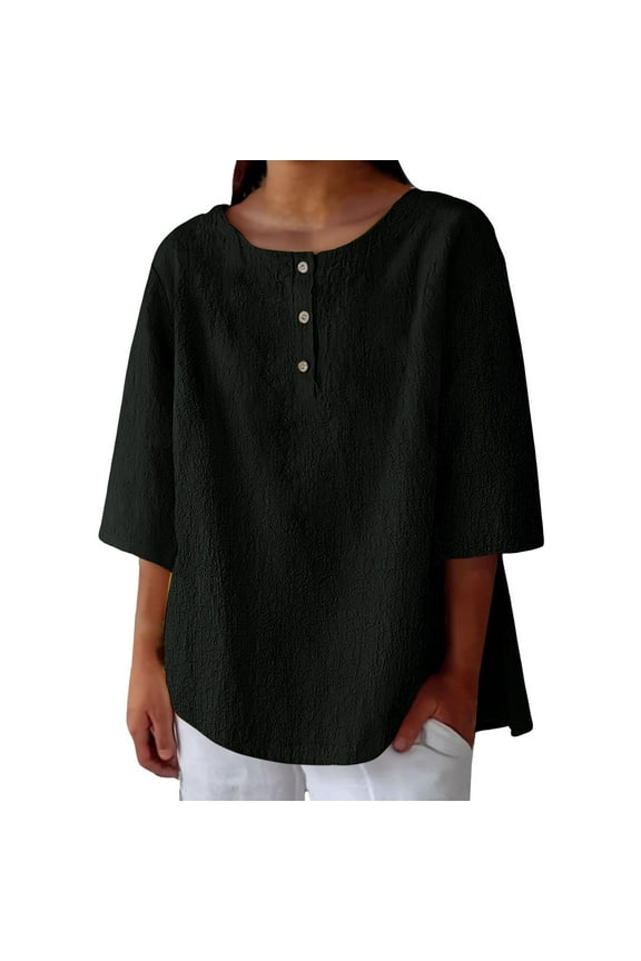 Cotton Muslin Shirt Women! Comdrip Women's 3/4 Sleeve Cotton Linen Blouses Top T Shirt Linen Shirts for Women Black XL