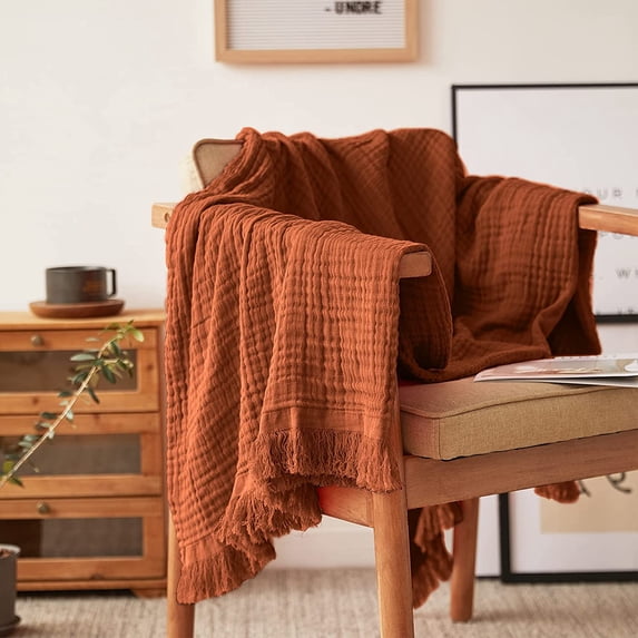 MY Cotton Muslin Throw Blanket for Bed, Couch, Knit Woven Gauze Blanket with Tassels, Soft Lightweight Cozy Pre-Washed Breathable Farmhouse Decoration for All-Season (Rust Orange)