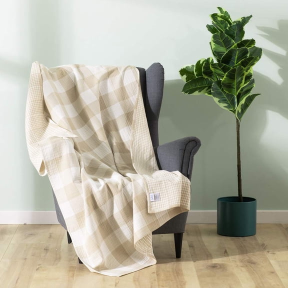 Cotton Muslin Throw Blanket With Check Pattern Vintindoor And Outdoore Reversible Breathable Fabric For Yard Picnics 47" X 60" Bedding Or Chair Cover Khaki