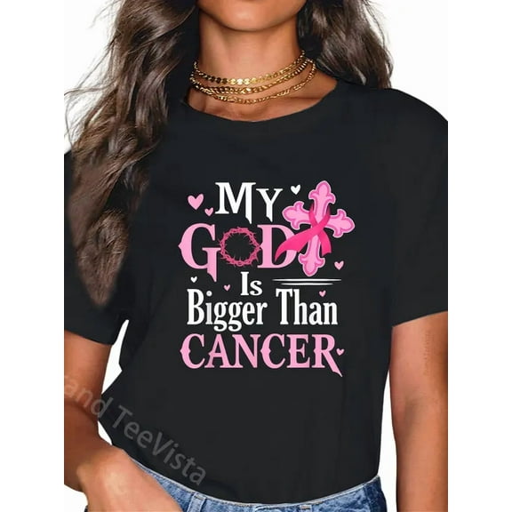 Cotton My God Is Bigger Than Cancer Breast Cancer Awareness Jesus T-Shirt