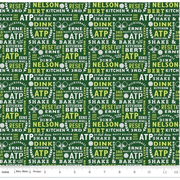Cotton My Mind's Eye Pickleball Words Sayings Phrases Paddles Balls Riley Blake Green Cotton Fabric Print by the Yard (C16202-GREEN)