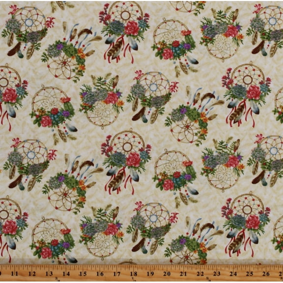 Cotton Native Dream Catchers Decorations with Succulents Plants Flowers Floral Nature Vegetation Cream Cotton Fabric Print by the Yard (9742-46)