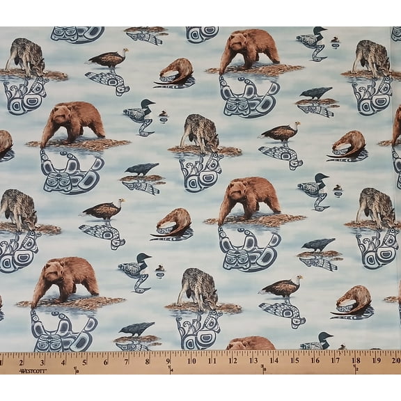 Cotton Native Reflections Elizabeth Studios Bear Wolf Duck Crow Otter Water Cotton Fabric Print by the Yard (29002-aqua)