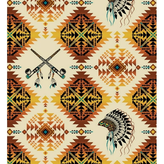 Cotton Native Spirit Aztec Southwest Feathers Pipe Head-dress Elizabeth Studios Gold Cotton Fabric Print by the Yard (531GOLD)
