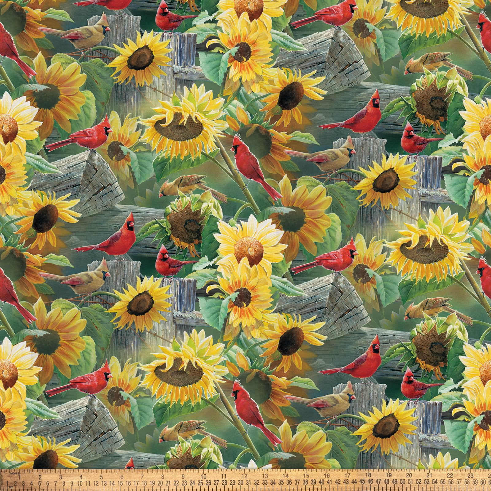 Cotton Nature Designs Red Cardinals and Sunflowers David Textiles Cotton Fabric Print by the Yard (WW-2013-4C)