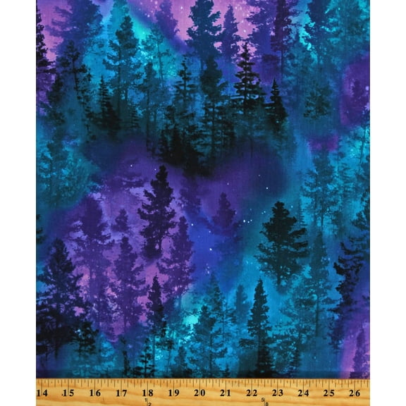 Cotton Nature Pine Trees Forests Sky Night Blue Stars Purple Cotton Fabric Print by the Yard (C8457-PURPLE)