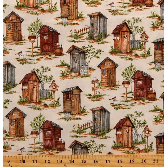 Cotton Nature's Calling Outhouses Bathrooms Restrooms Toilet Paper Cream Cotton Fabric Print by the Yard (24035-12BEIGEMULTI)