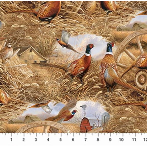 Cotton Naturescapes Pheasant Grove Farm Wheat Bird Barn Wagon Northcott Cotton Fabric Print by the Yard (DP28302-37)