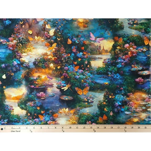 Cotton Night Fable Magic Fairy Garden Flowers Illuminated Robert Kaufman Cotton Fabric Print by the Yard (ADND-23255-268-NATURE)
