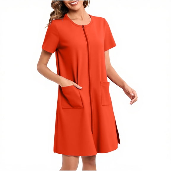 Cotton Nightgown New Nightgowns for Women Short Sleeve Full Zip up Pajama Dress Crew Neck Short Sleepwear with Pockets Orange XXL
