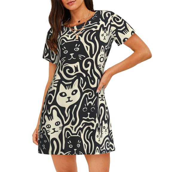 Cotton Nightgowns for Women - Abstract Cat Faces Pattern Sleep Shirts for Women's Nightgowns & Sleepshirts, Soft Cotton Pajama Dress Shirts for Women, House Dress Sleepwear for Women