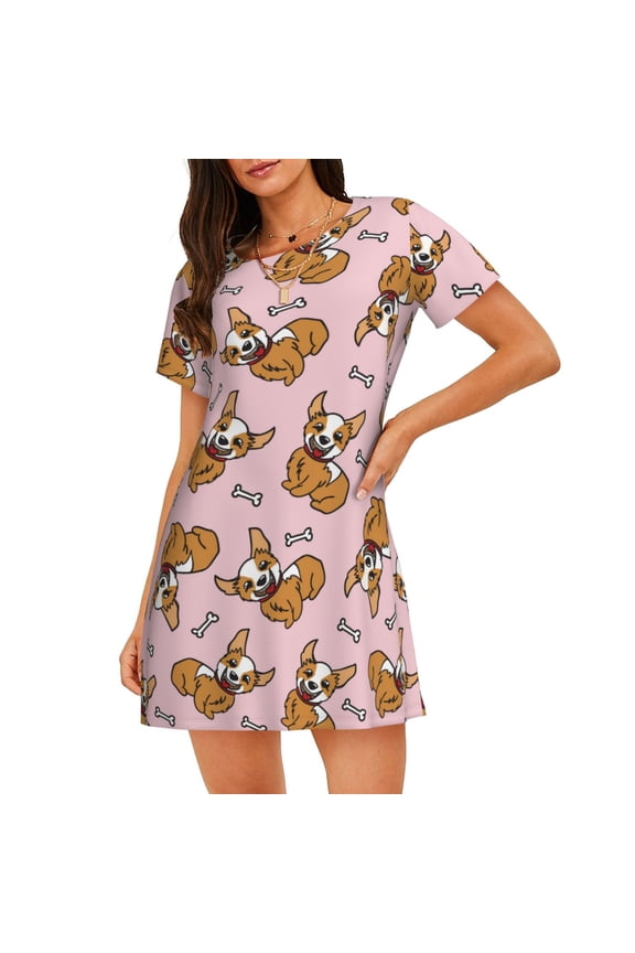Cotton Nightgowns for Women - Cartoon Cute Corgi Dog Pink Sleep Shirts for Women's Nightgowns & Sleepshirts, Soft Cotton Pajama Dress Shirts for Women, House Dress Sleepwear for Women