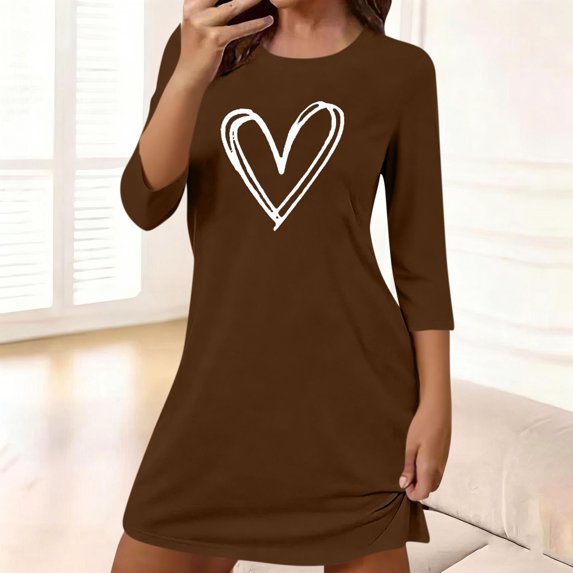 Cotton Nightgowns for Women Crewneck Valentine's Day Print 3/4 Sleeve Pajamas Dress Top Summer Casual Solid Plus Size Round Neck Comfy Soft Nightshirts Sleepwear Loungewear Shirt Dresses