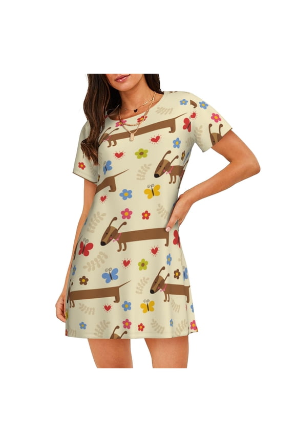 Cotton Nightgowns for Women - Dachshund Dog And Flower Sleep Shirts for Women's Nightgowns & Sleepshirts, Soft Cotton Pajama Dress Shirts for Women, House Dress Sleepwear for Women