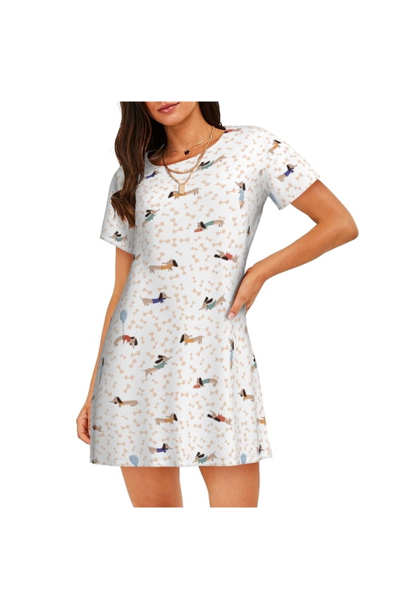 Cotton Nightgowns for Women - Dachshund Dog Puppy(B) Sleep Shirts for Women's Nightgowns & Sleepshirts, Soft Cotton Pajama Dress Shirts for Women, House Dress Sleepwear for Women