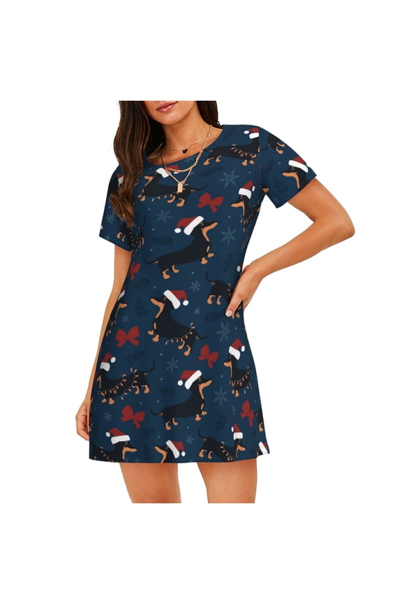 Cotton Nightgowns for Women - Dachshund Dog Puppy Red Hat Sleep Shirts for Women's Nightgowns & Sleepshirts, Soft Cotton Pajama Dress Shirts for Women, House Dress Sleepwear for Women