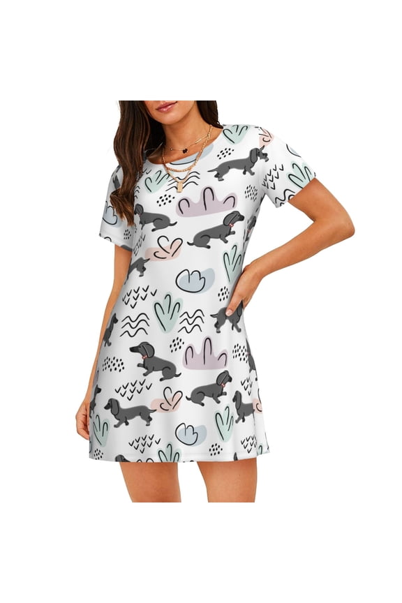 Cotton Nightgowns for Women - Dachshund Dog Puppy(U) Sleep Shirts for Women's Nightgowns & Sleepshirts, Soft Cotton Pajama Dress Shirts for Women, House Dress Sleepwear for Women