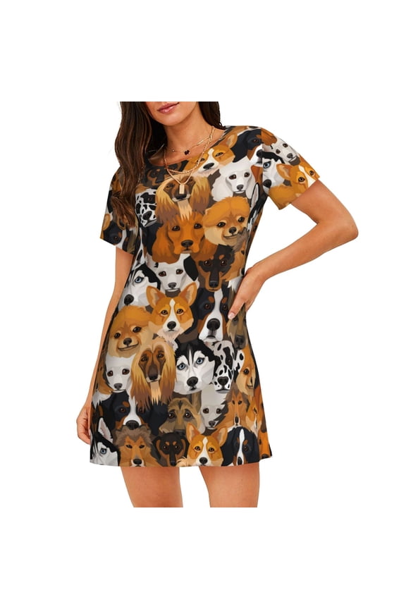 Cotton Nightgowns for Women - Dogs Different Breeds Sleep Shirts for Women's Nightgowns & Sleepshirts, Soft Cotton Pajama Dress Shirts for Women, House Dress Sleepwear for Women