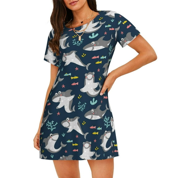 Cotton Nightgowns for Women - Friendly Sharks Sleep Shirts for Women's Nightgowns & Sleepshirts, Soft Cotton Pajama Dress Shirts for Women, House Dress Sleepwear for Women