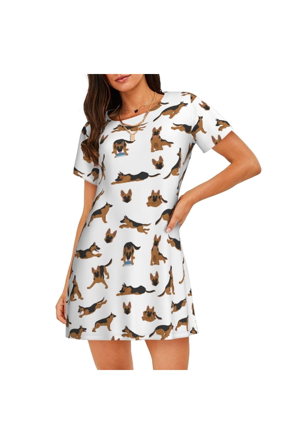 Cotton Nightgowns for Women - German Shepherd Dog Cheerful Sleep Shirts for Women's Nightgowns & Sleepshirts, Soft Cotton Pajama Dress Shirts for Women, House Dress Sleepwear for Women