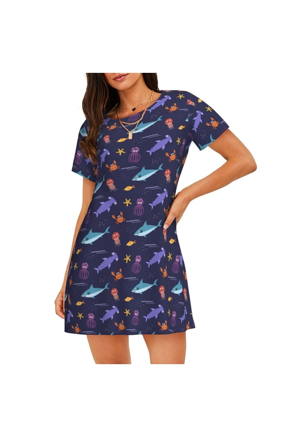 Cotton Nightgowns for Women - Party Shark Cute(K) Sleep Shirts for Women's Nightgowns & Sleepshirts, Soft Cotton Pajama Dress Shirts for Women, House Dress Sleepwear for Women